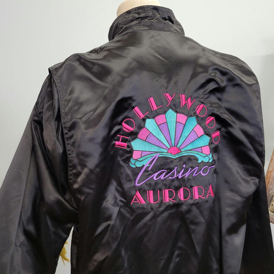 vtg 80s BLACK SATIN JACKET // vintage hollywood casino aurora apparel of las vegas medium womens unisex stained glass abstract embroidered