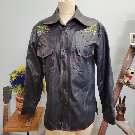 vtg 70s EMBROIDERED CACTUS JACKET // vintage medium mens master-jac pvc vinyl pointy collar western style hippie retro blue pleather cowboy