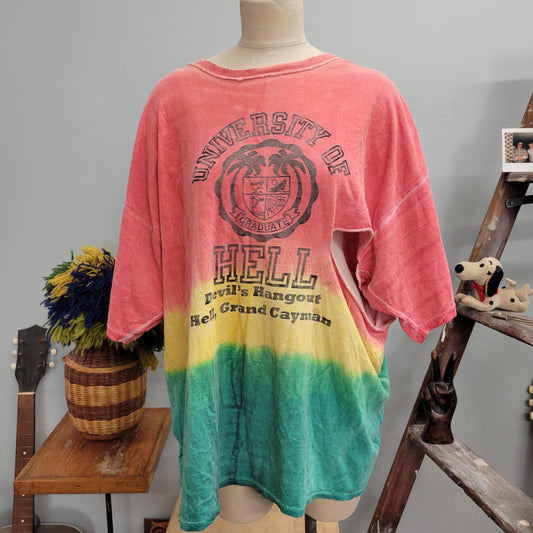 vtg 80s UNIVERSITY of HELL Tourist Shirt // vintage distressed gildan xxl 3xl oversized tie dye  hell grand cayman devils hangout souvenir