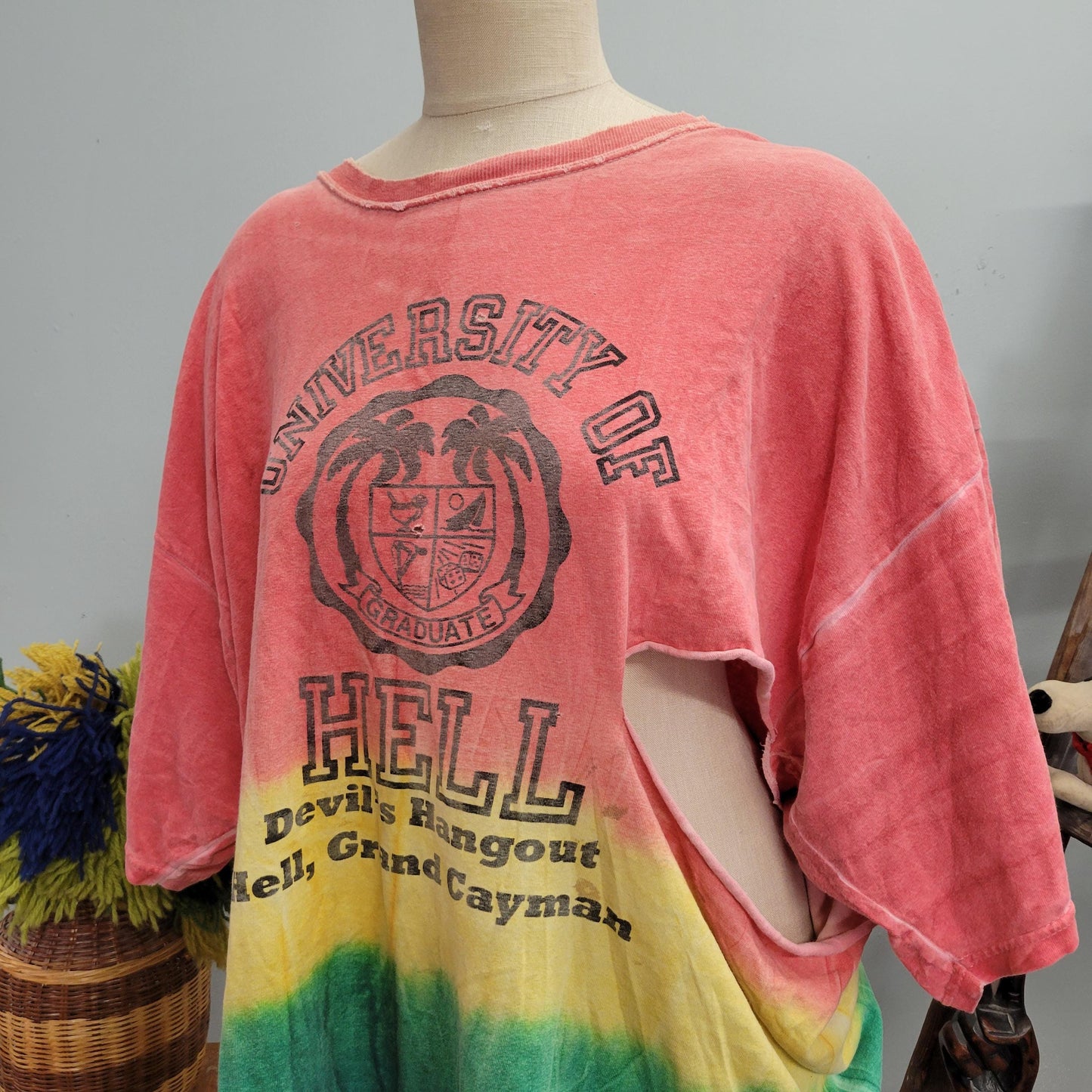 vtg 80s UNIVERSITY of HELL Tourist Shirt // vintage distressed gildan xxl 3xl oversized tie dye  hell grand cayman devils hangout souvenir