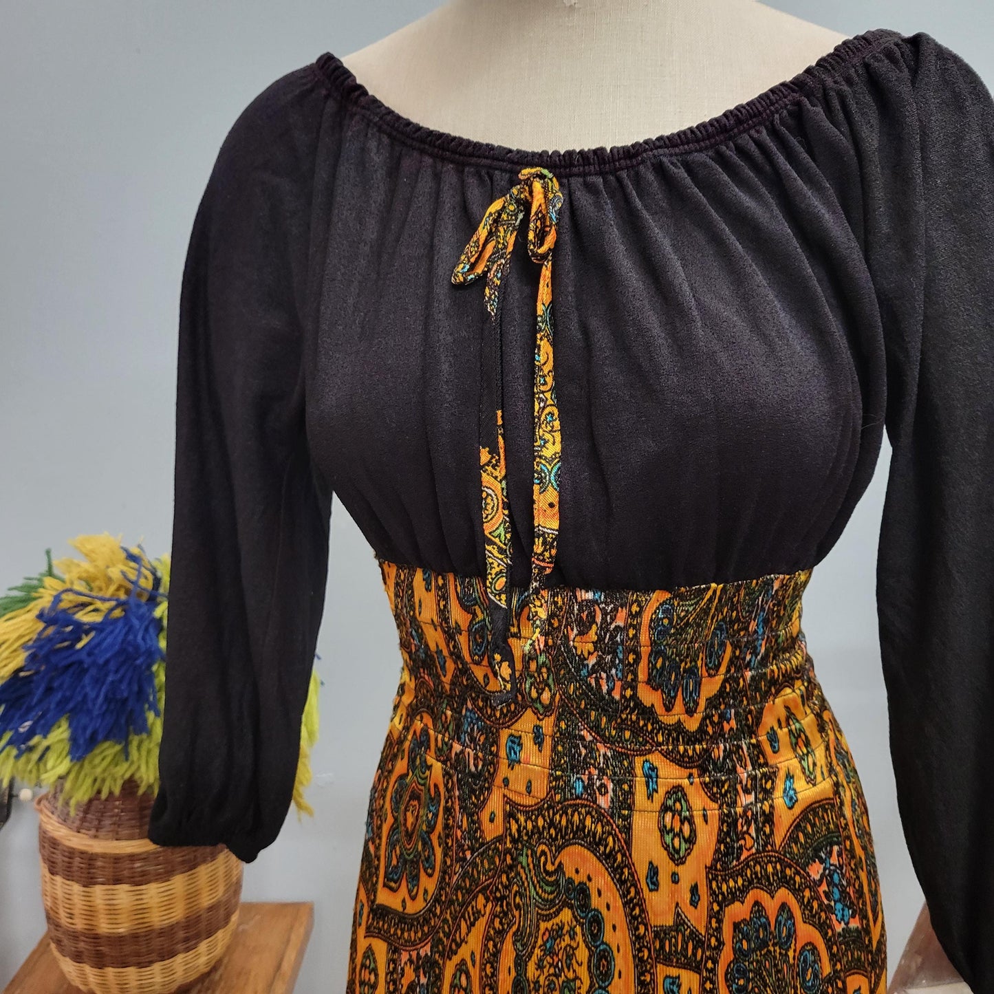 vtg 70s PSYCEHDELIC  PATTERN DRESS // vintage womens small paisley patterned silky scoop neck autumn vibes gown retro hippie mod maxi dress