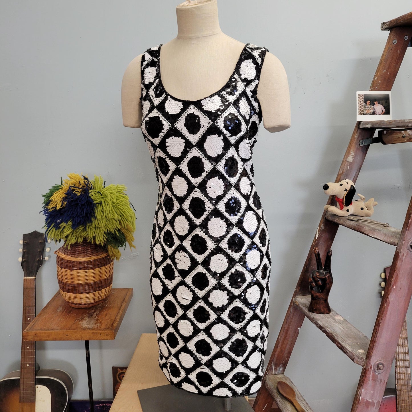 vtg 80s SEQUINED TANK DRESS // vintage tadashi size 8 medium womens holiday new years op art space age black white checkered mod mini dress