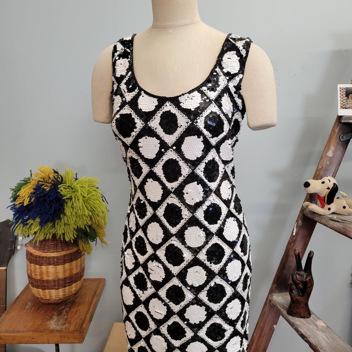 vtg 80s SEQUINED TANK DRESS // vintage tadashi size 8 medium womens holiday new years op art space age black white checkered mod mini dress