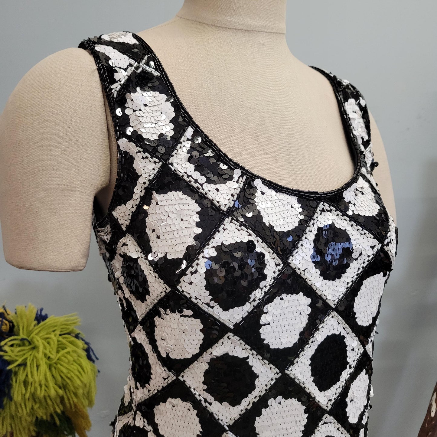 vtg 80s SEQUINED TANK DRESS // vintage tadashi size 8 medium womens holiday new years op art space age black white checkered mod mini dress