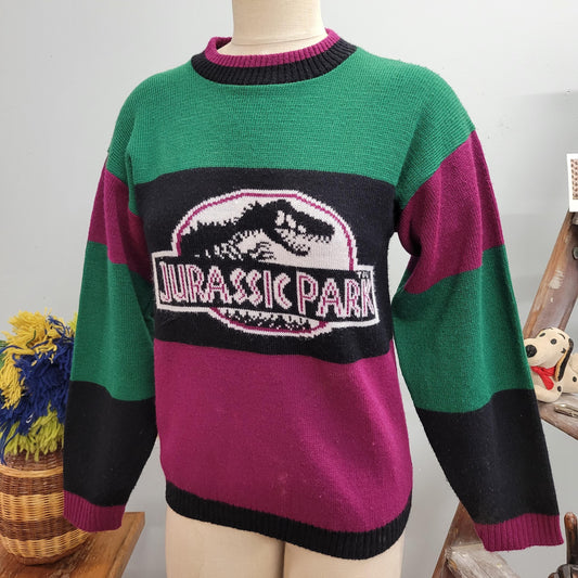 vtg 90s JURASSIC PARK SWEATER // vintage large dinosaur movie colorblock jewel tones knit graphic retro striped autumn winter casual fashion