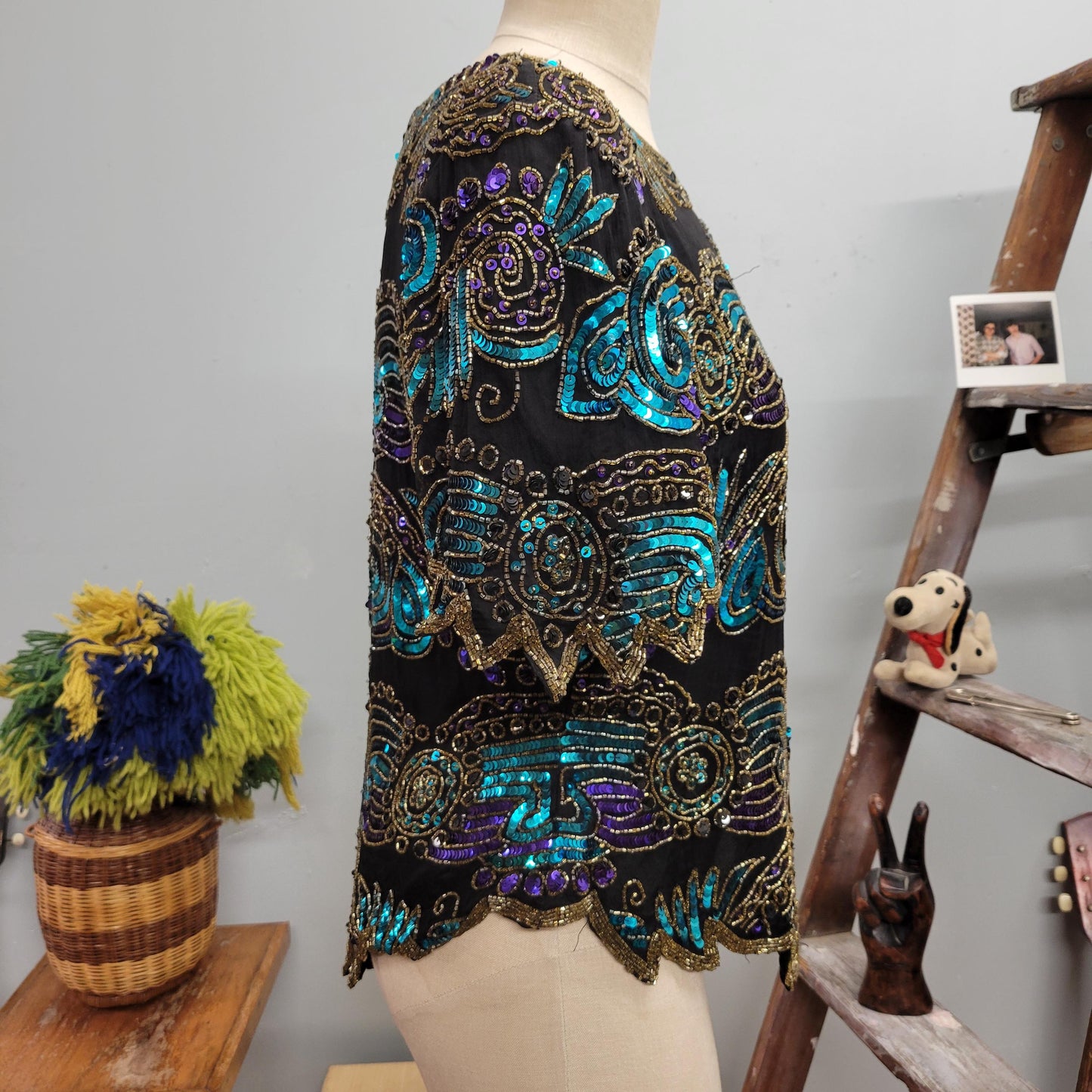 vtg 80s BEADED SEQUIN TOP // vintage laurence kazar xl womens silk fully beaded jewel toned festive holiday party evening wear statement