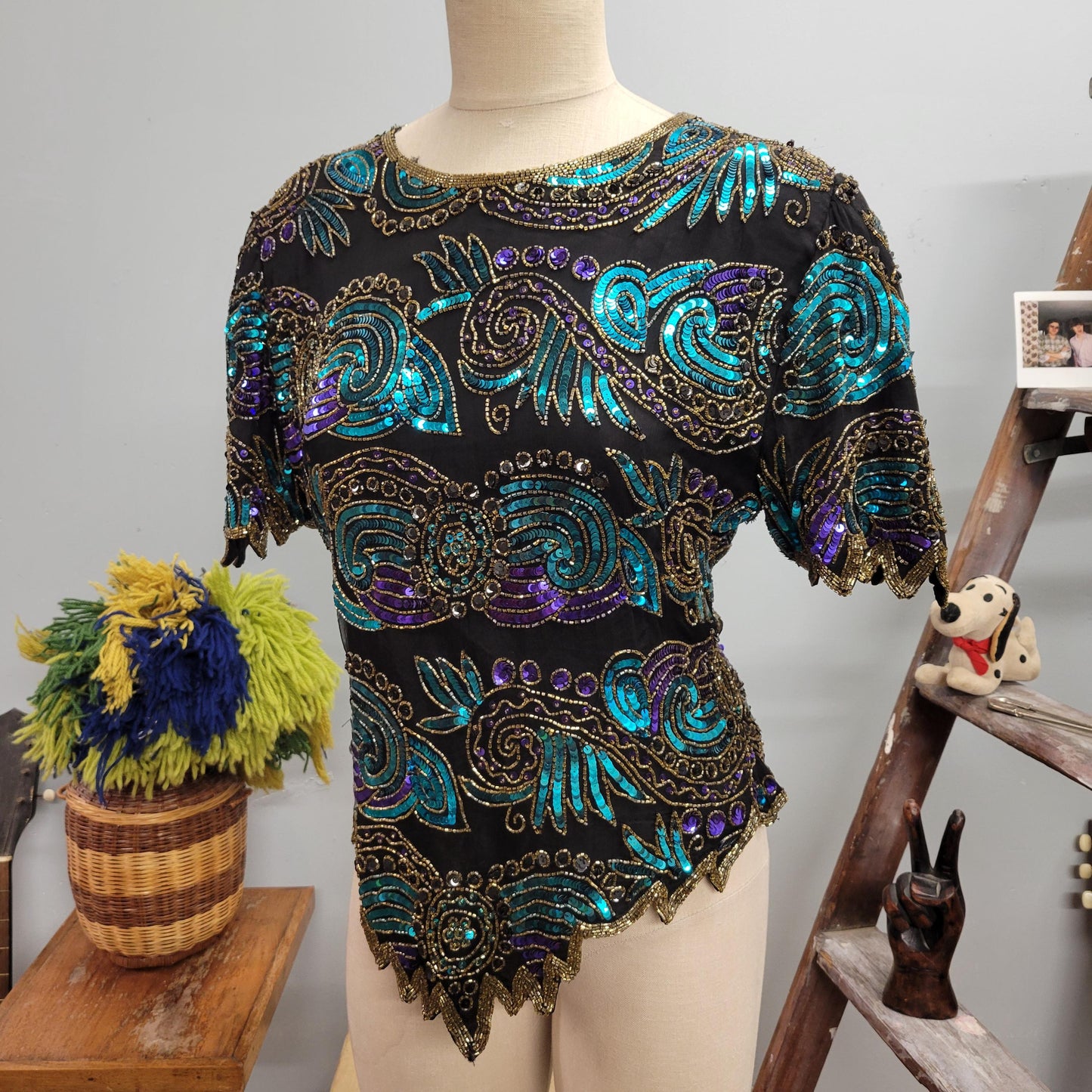 vtg 80s BEADED SEQUIN TOP // vintage laurence kazar xl womens silk fully beaded jewel toned festive holiday party evening wear statement