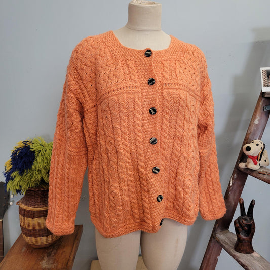 vtg 80s CABLE KNIT SWEATER // vintage merino wool carraig donn large womens peachy orange button up cardigan irish fisherman thick knit top