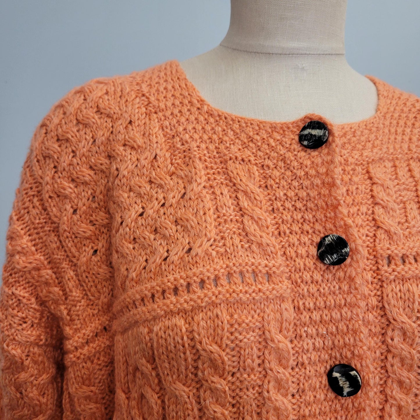 vtg 80s CABLE KNIT SWEATER // vintage merino wool carraig donn large womens peachy orange button up cardigan irish fisherman thick knit top