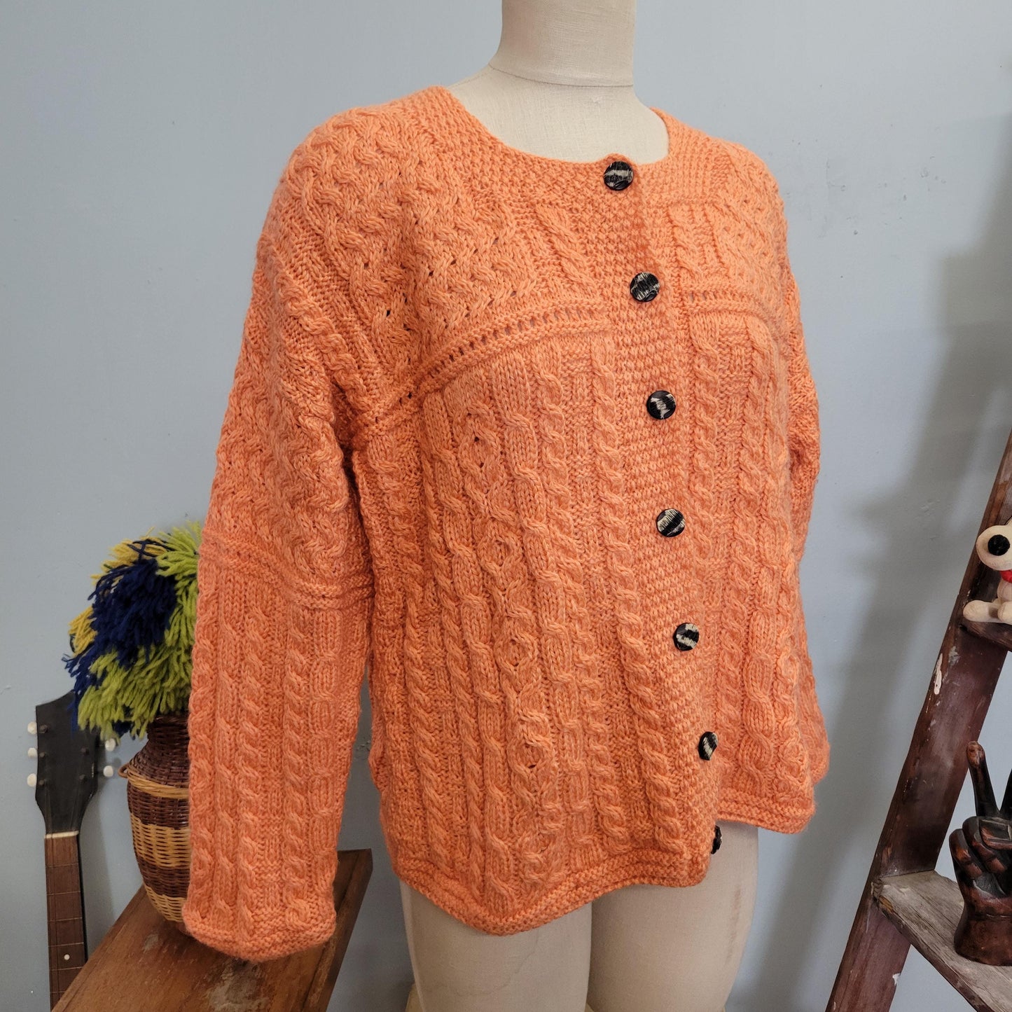 vtg 80s CABLE KNIT SWEATER // vintage merino wool carraig donn large womens peachy orange button up cardigan irish fisherman thick knit top