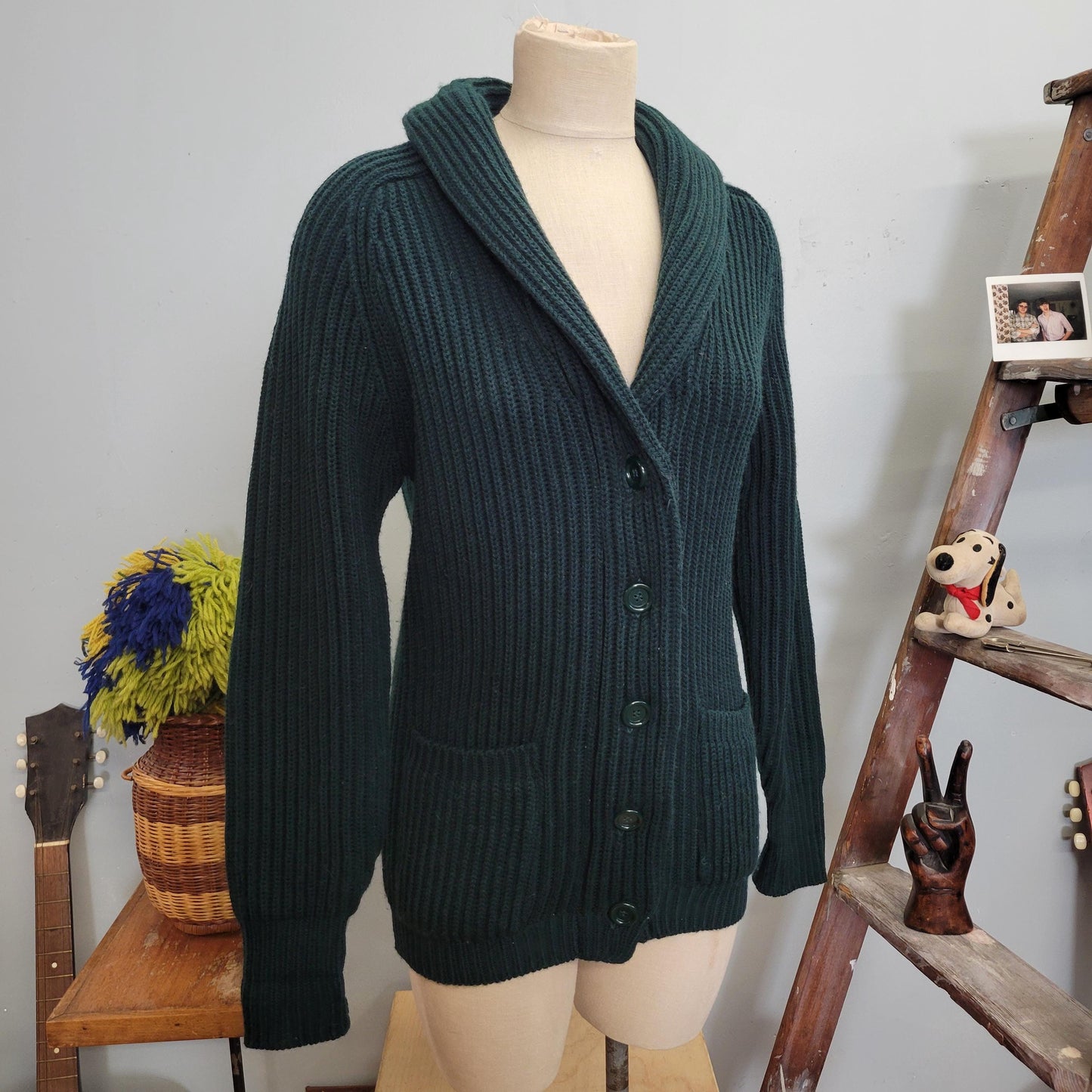 vtg 70s GREEN SHAWL COLLAR Cardigan // vintage sears sweater small dark emerald thick chunky knit fall winter style sexy professor v neck