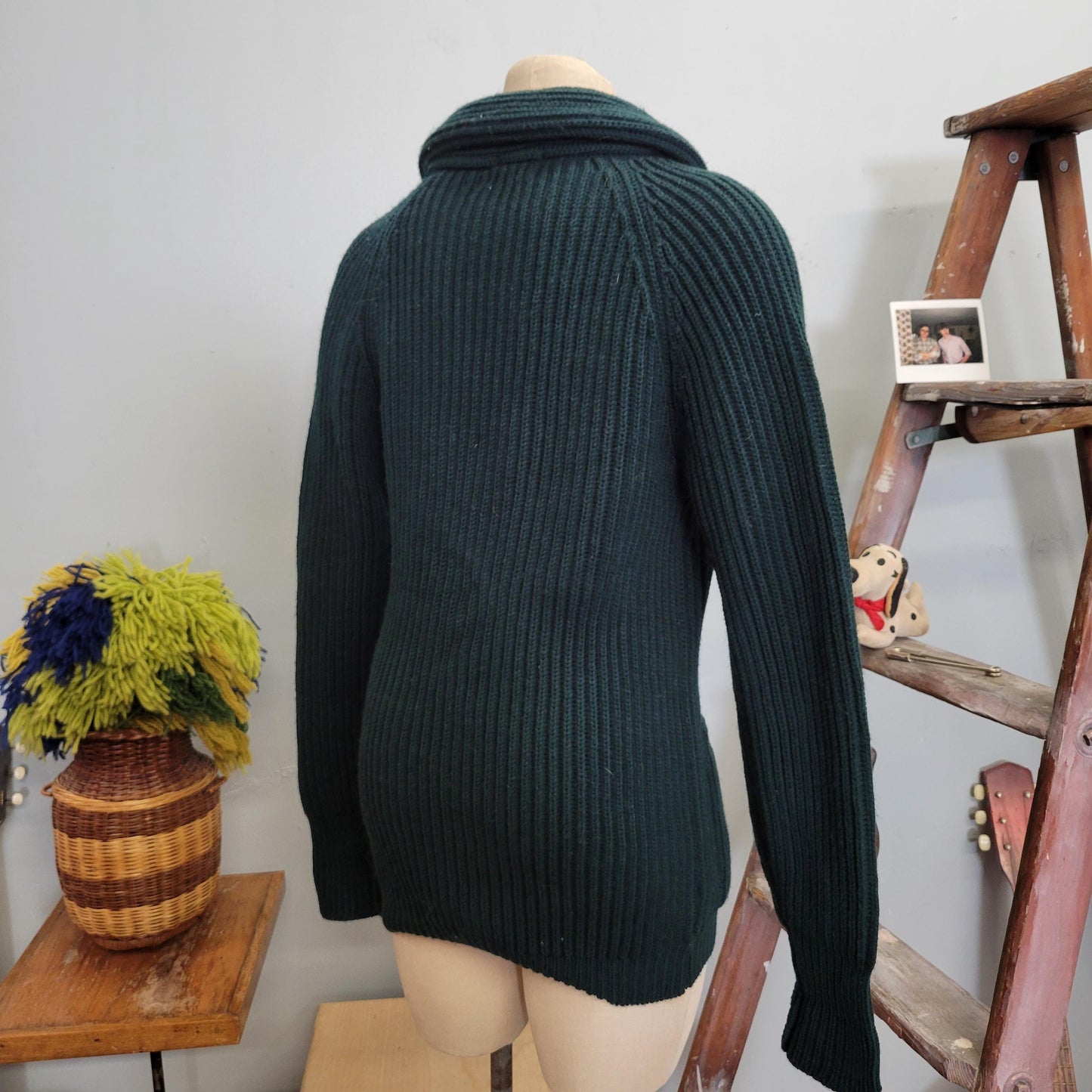 vtg 70s GREEN SHAWL COLLAR Cardigan // vintage sears sweater small dark emerald thick chunky knit fall winter style sexy professor v neck