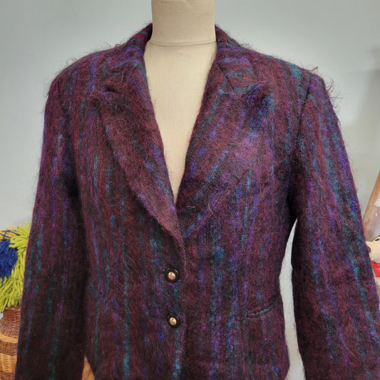 vtg 80s PURPLE MOHAIR BLAZER // vintage gantos jacket size 12 womens multicolored striped shaggy jacket fuzzy v neck autumn jewel tones boss