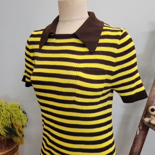 vtg 70s STRIPED SWEATER TOP // vintage revere sportswear large retro pointy collar brown yellow mod hippie ribbed striped cute autumn fit