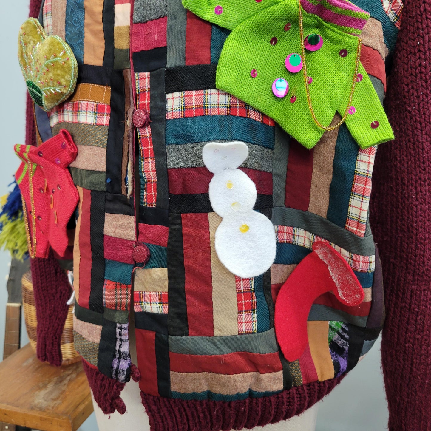vtg 70s HANDMADE HOLIDAY SWEATER // vintage large patchwork blanket cardigan original by darlene noerenberg large button up ugly xmas granny