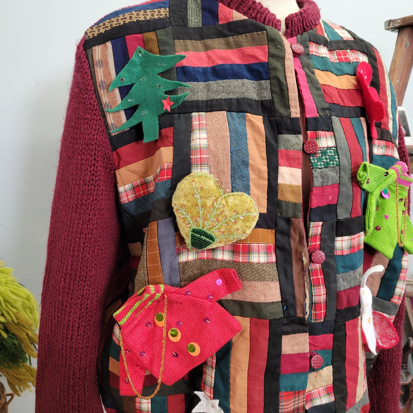 vtg 70s HANDMADE HOLIDAY SWEATER // vintage large patchwork blanket cardigan original by darlene noerenberg large button up ugly xmas granny