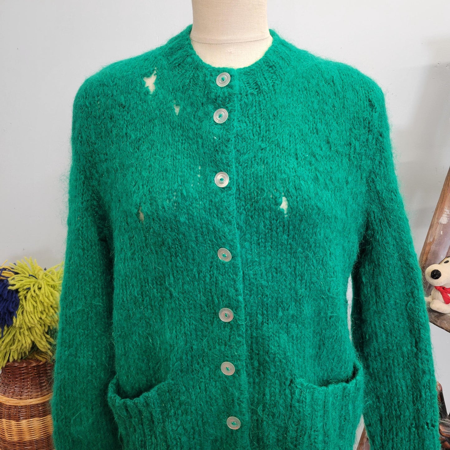 vtg 60s DISTRESSED MOHAIR CARDIGAN // vintage green shaggy button up sweater large mens unisex fuzzy pockets grunge punk holes torn sweater