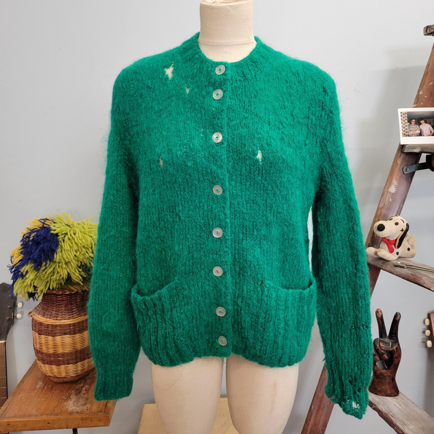 vtg 60s DISTRESSED MOHAIR CARDIGAN // vintage green shaggy button up sweater large mens unisex fuzzy pockets grunge punk holes torn sweater