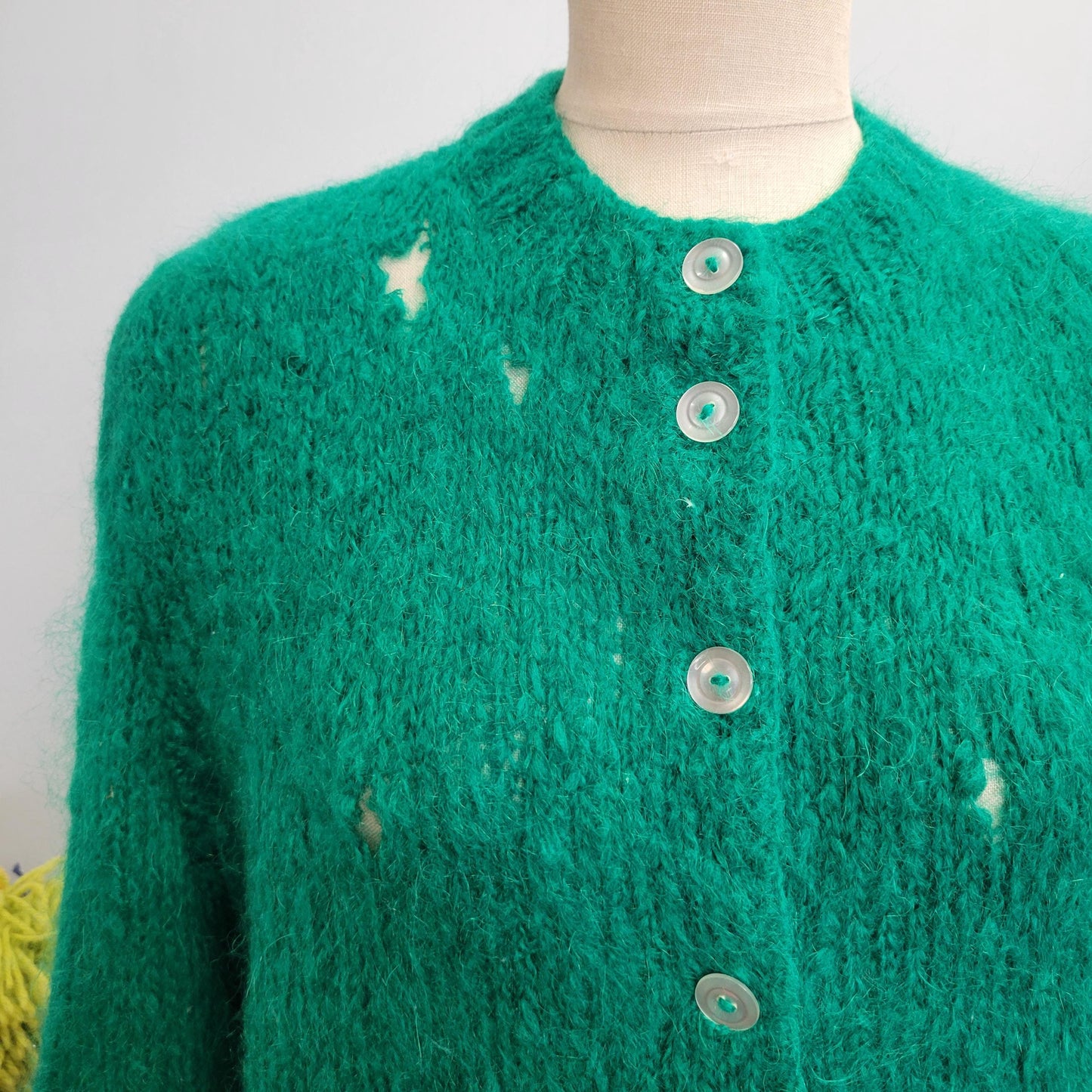 vtg 60s DISTRESSED MOHAIR CARDIGAN // vintage green shaggy button up sweater large mens unisex fuzzy pockets grunge punk holes torn sweater