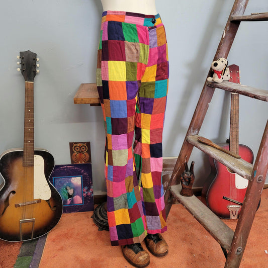 vtg 70s PATCHWORK BELL BOTTOMS // vintage midwest trading indian cotton womens 26/27 brightly colored high waisted hippie autumn boho pants