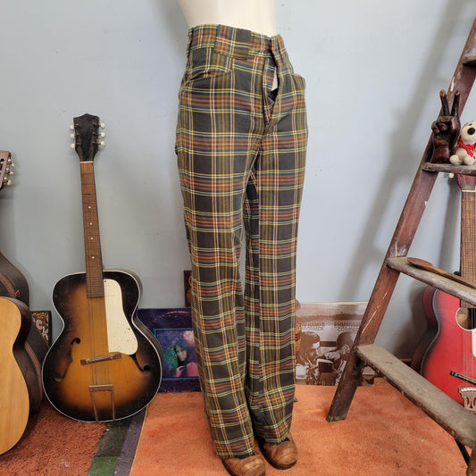 vtg 70s PLAID PANTS // * needs new zipper vintage glen oaks broomsticks mens 30 x 34 retro hippie mod preppy wide leg flares earth tone