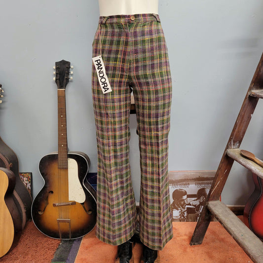 vtg 70s PANDORA PLAID BELLBOTTOMS // vintage pandora deadstock size 7 womens high rise kick flare pants wide leg retro autumn kitsch fashion