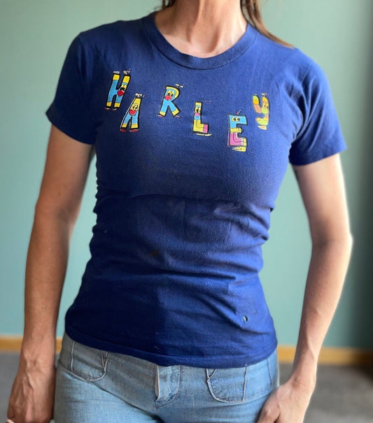 vtg 80s PERSONALIZED HARLEY SHIRT // vintage gas attendant spruce tags womens small fitted crop top spell out waitress kickball harley quinn