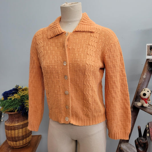 vtg 70s ORANGE KNIT CARDIGAN // vintage toni marcella styled in hollywood sweater medium womens button up preppy rockabilly retro mcm top