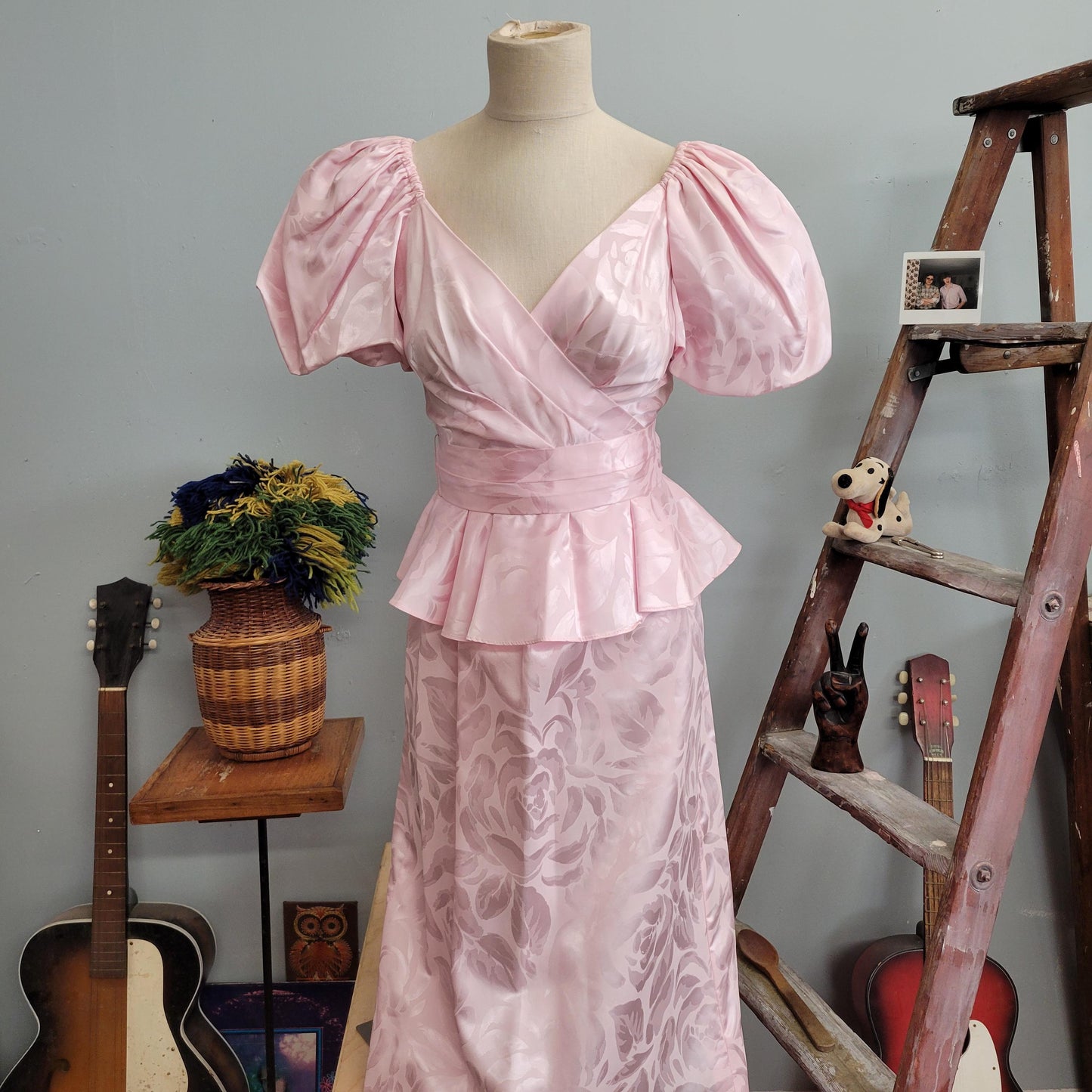 vtg 80s SATIN PUFF SLEEVE dress / vintage lola berent superstition 7/8 womens small pastel pink floral brocade big sleeves peplum party gown