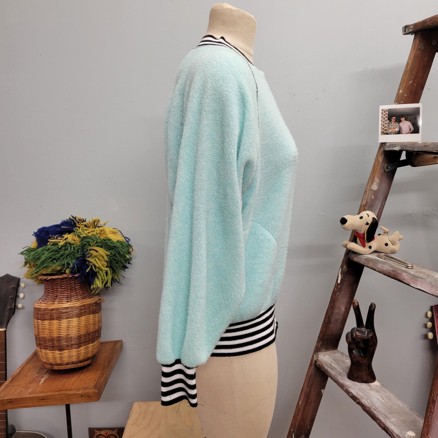 vtg 80s BLUE STRIPED FLEECE Jacket // vintage apple sider large unisex retro soft zip up sweater pastel black striped ringer jacket cozy top