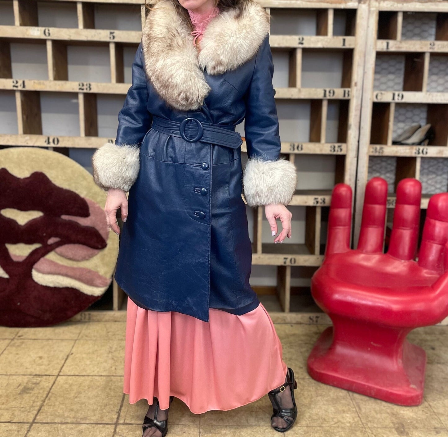 vtg 70s PENNY LANE COAT / vintage blue leather jacket oversized fur collar belt glam stroller coat movie rockstar groupie famous winter coat