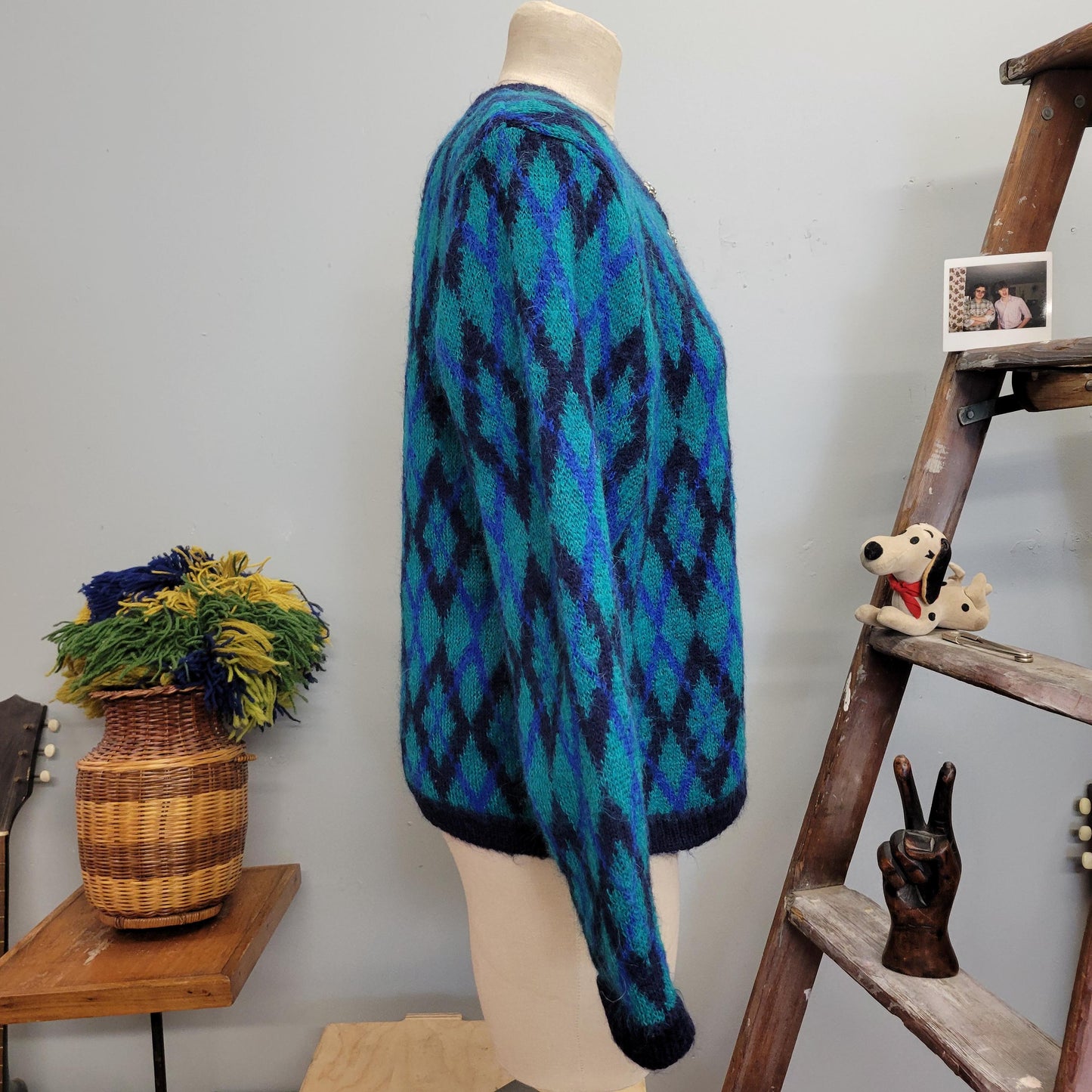 vtg 80s BLUE MOHAIR CARDIGAN // vintage edinburgh medium fuzzy argyle button sweater psychedelic stained glass style diamond check patterned