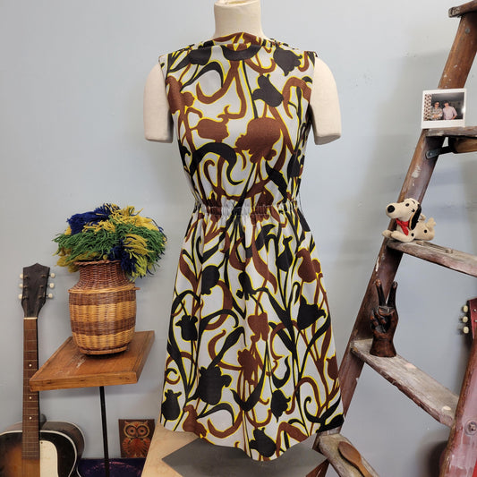 vtg 60s MOD MIDI DRESS // vintage womens medium abstract neutral tones flower pattern autumn earth tones retro go go fall winter shift dress