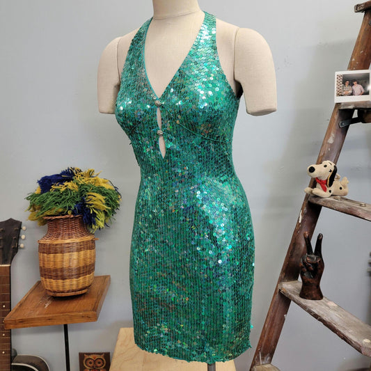 vtg 80s SEQUINED HALTER DRESS // vintage cut out mini cocktail holiday dress sexy deep vee plunge teal beaded new years prom wiggle low cut