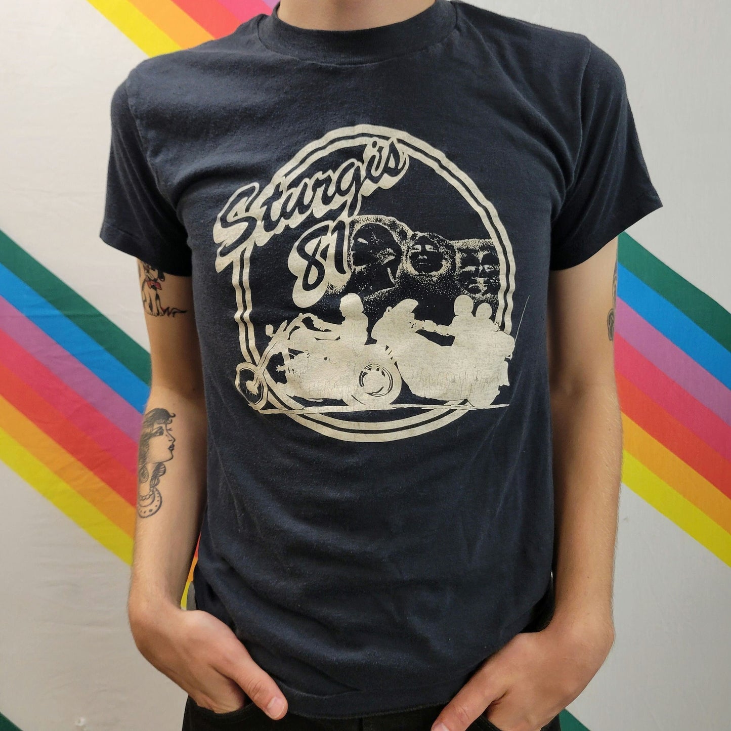 vtg 80s STURGIS BIKER TSHIRT // vintage harley davidson 1982 3d emblem sneakers medium black thin rocker tee motorcycle trip event strokes