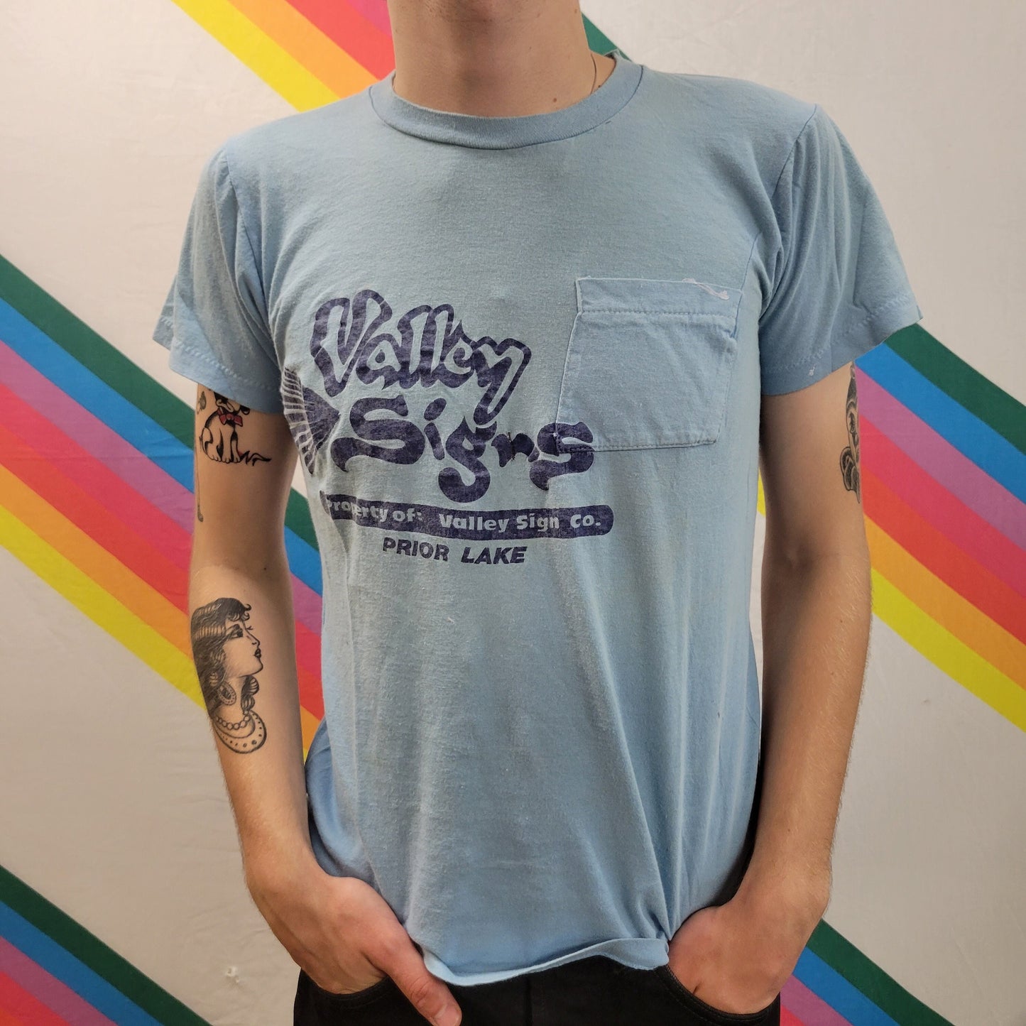vtg 70s VALLEY SIGNS TSHIRT / vintage paper thin pastel blue thrashed distressed painters hipster rags medium pocket retro soft graphic tee