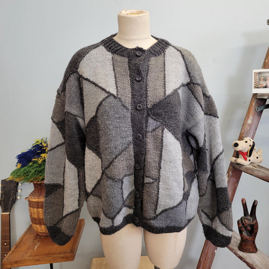 vtg 80s MONOTONE KNIT CARDIGAN // vintage patchwork slouchy sweater geometric stained glass xl oversized abstract 3d knit winter earth tones