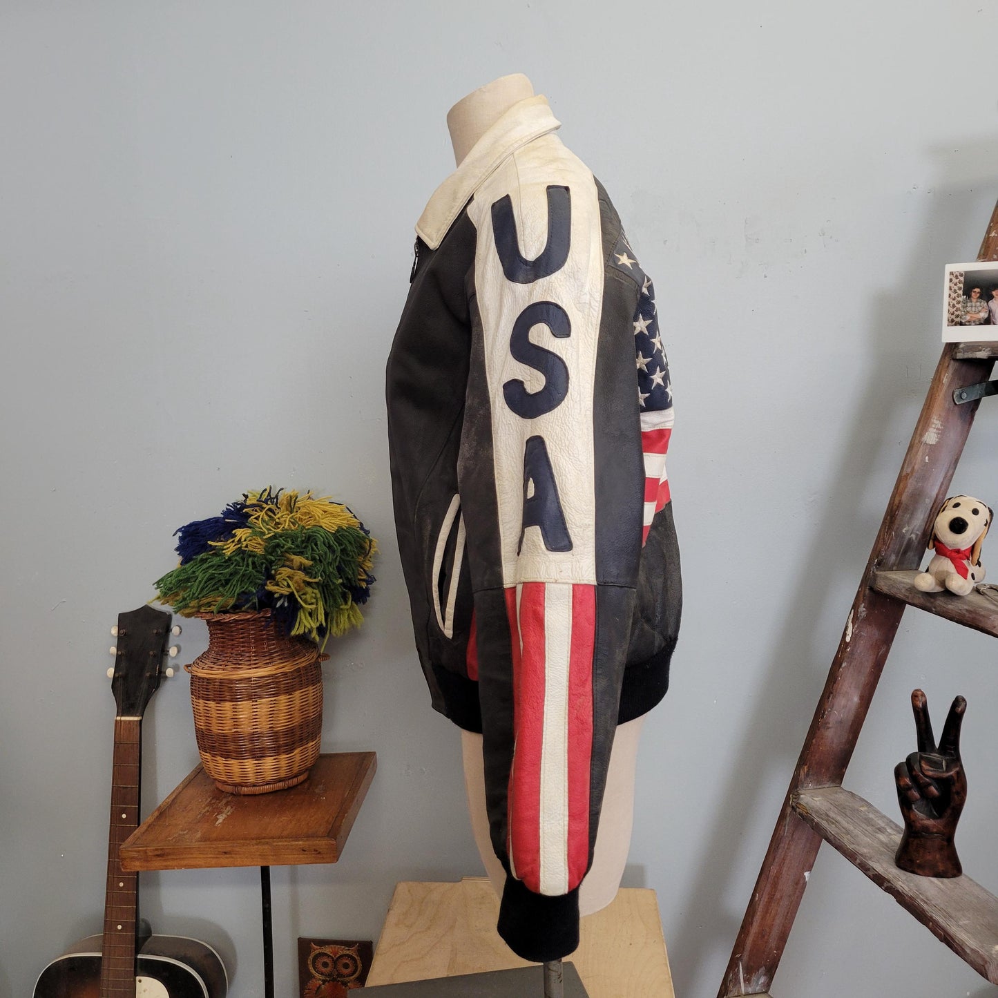 vtg 80s USA LEATHER JACKET // vintage michael hoban where mi north beach medium american bomber striped coat patriot flag pattern winter