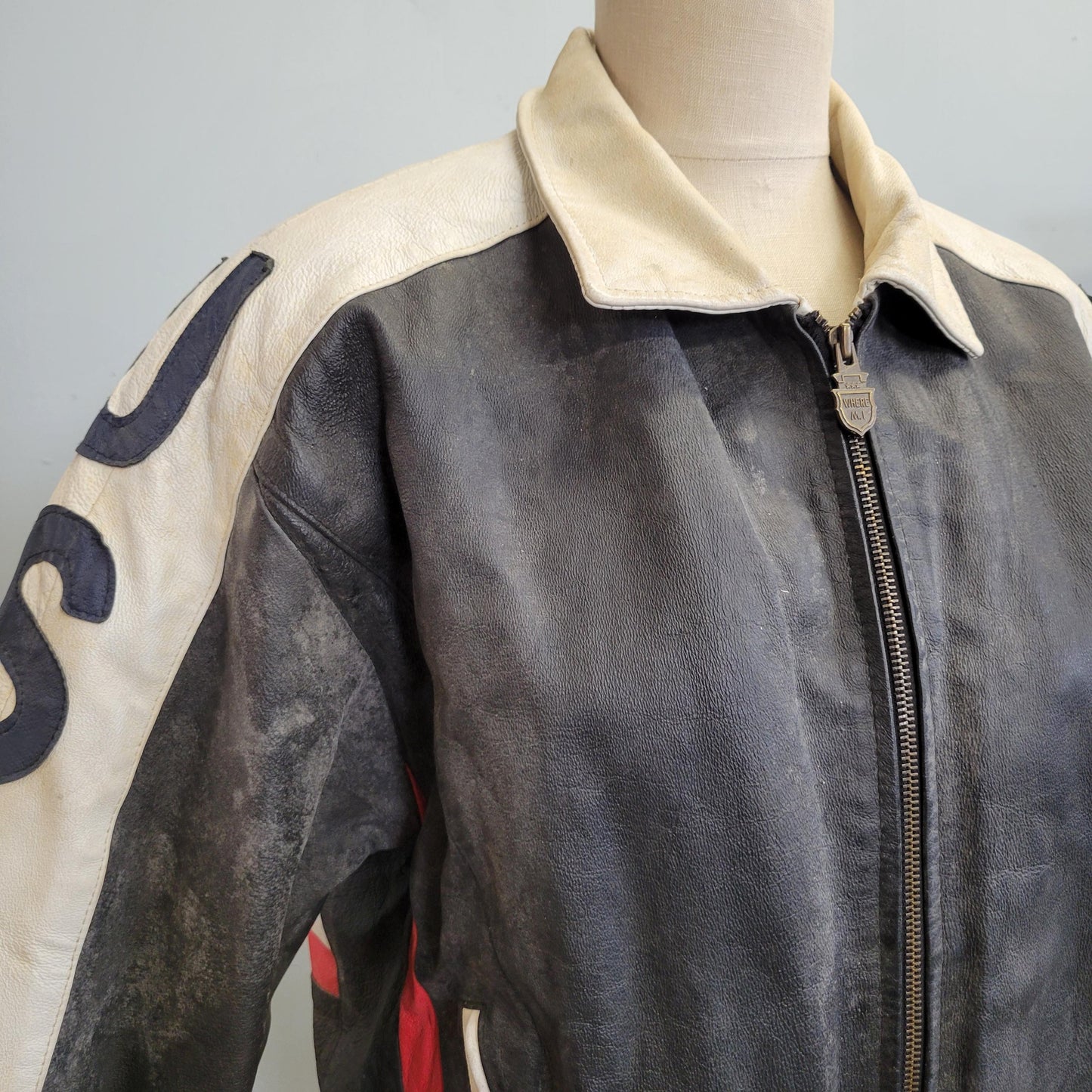 vtg 80s USA LEATHER JACKET // vintage michael hoban where mi north beach medium american bomber striped coat patriot flag pattern winter