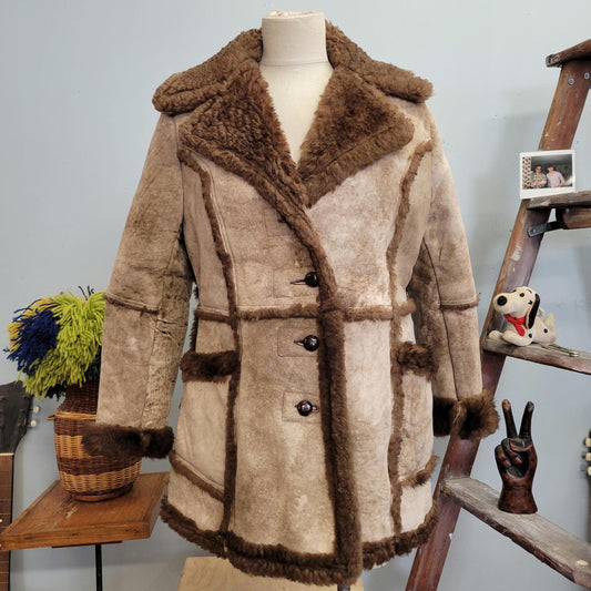 vtg 70s BROWN SHERPA COAT // vintage suede fur parka skalar 16 sheepskin shearling heavy warm ranch coat unique hippie western boho style