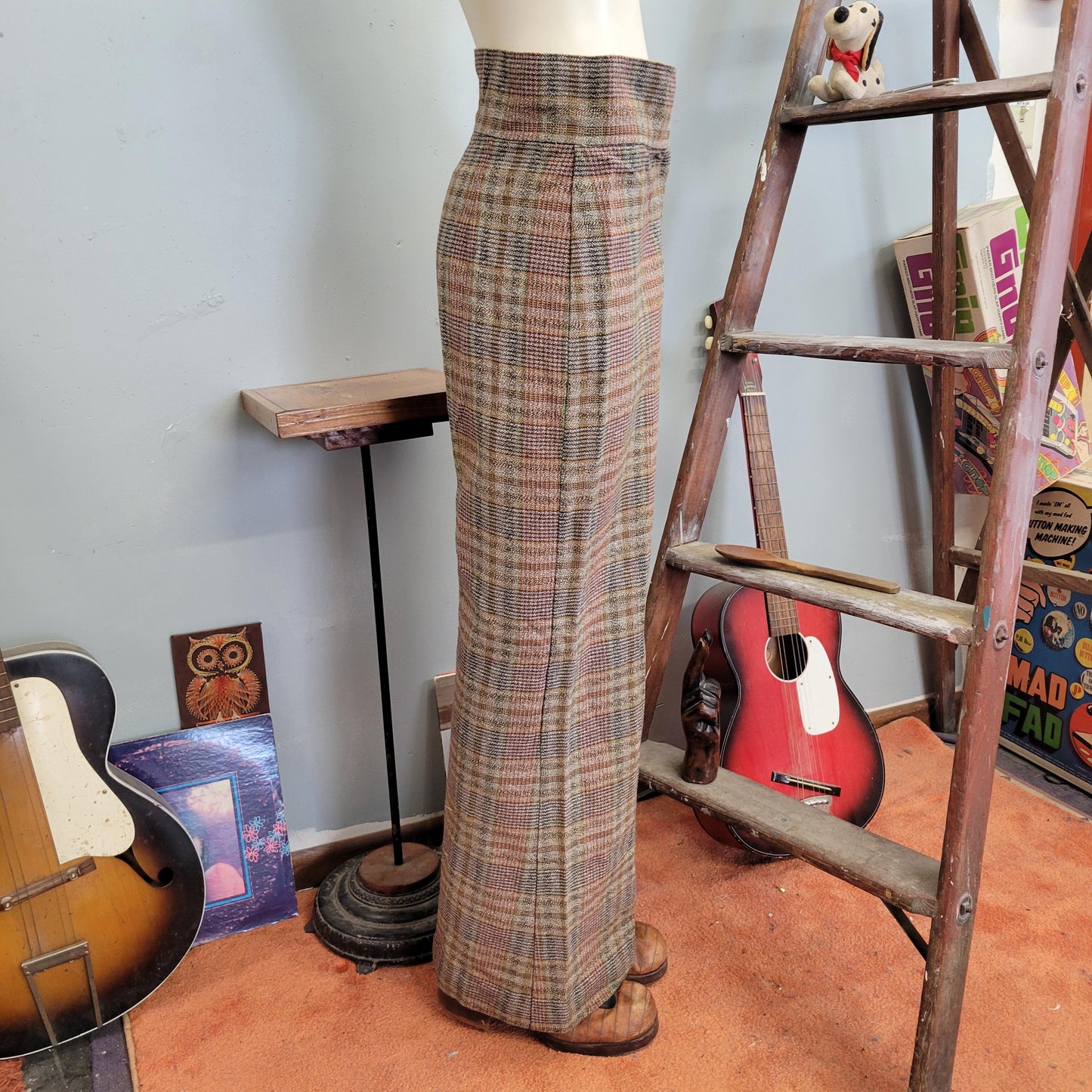 vtg 70s PLAID BELL BOTTOMS // vintage womens pants size 27/28 high waisted wide leg flare pants neutral earth tones hippie boho retro winter